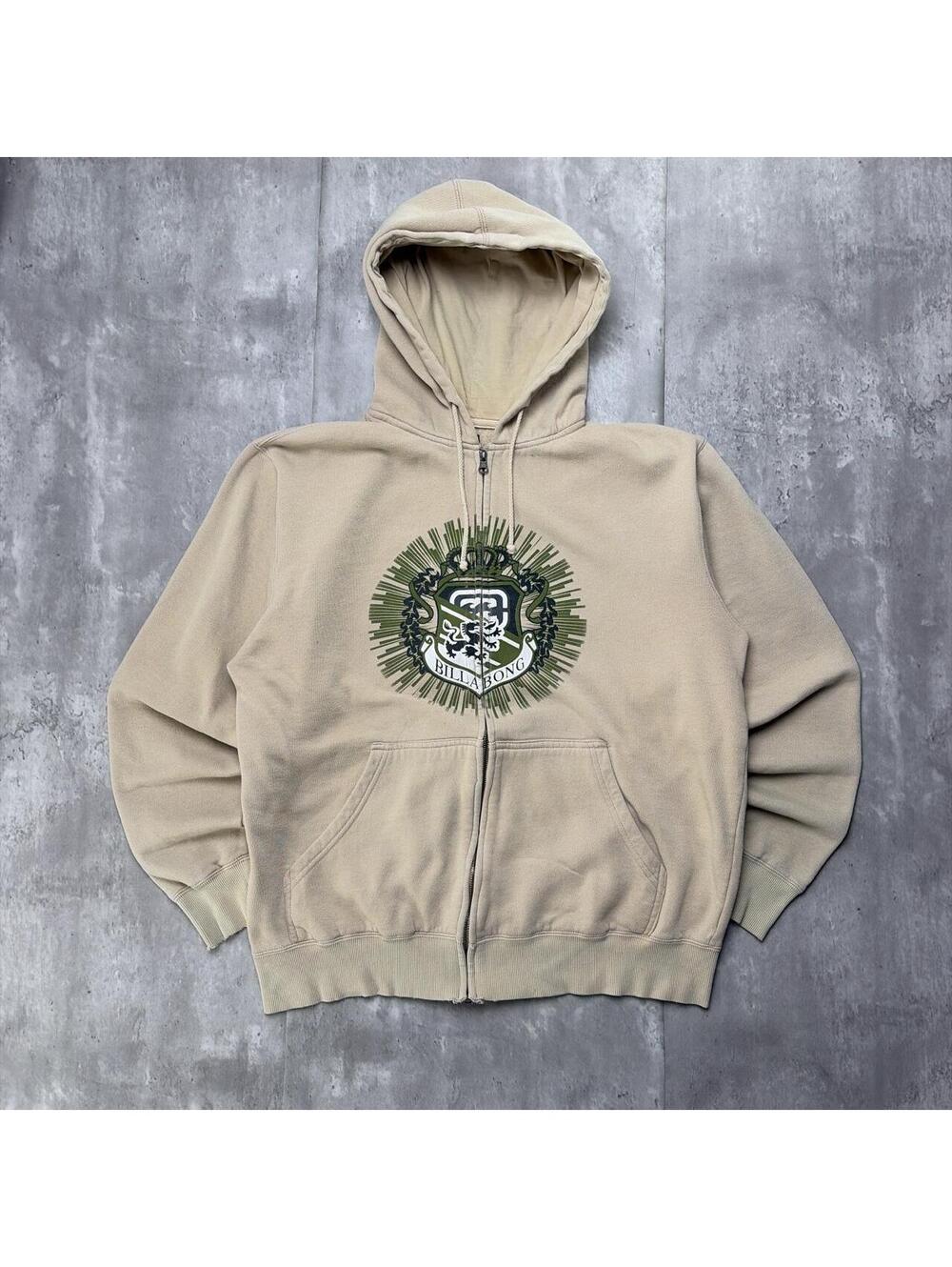 Y2K Beige Billabong Surf Grunge Gothic Skater Zip Up Hoodie